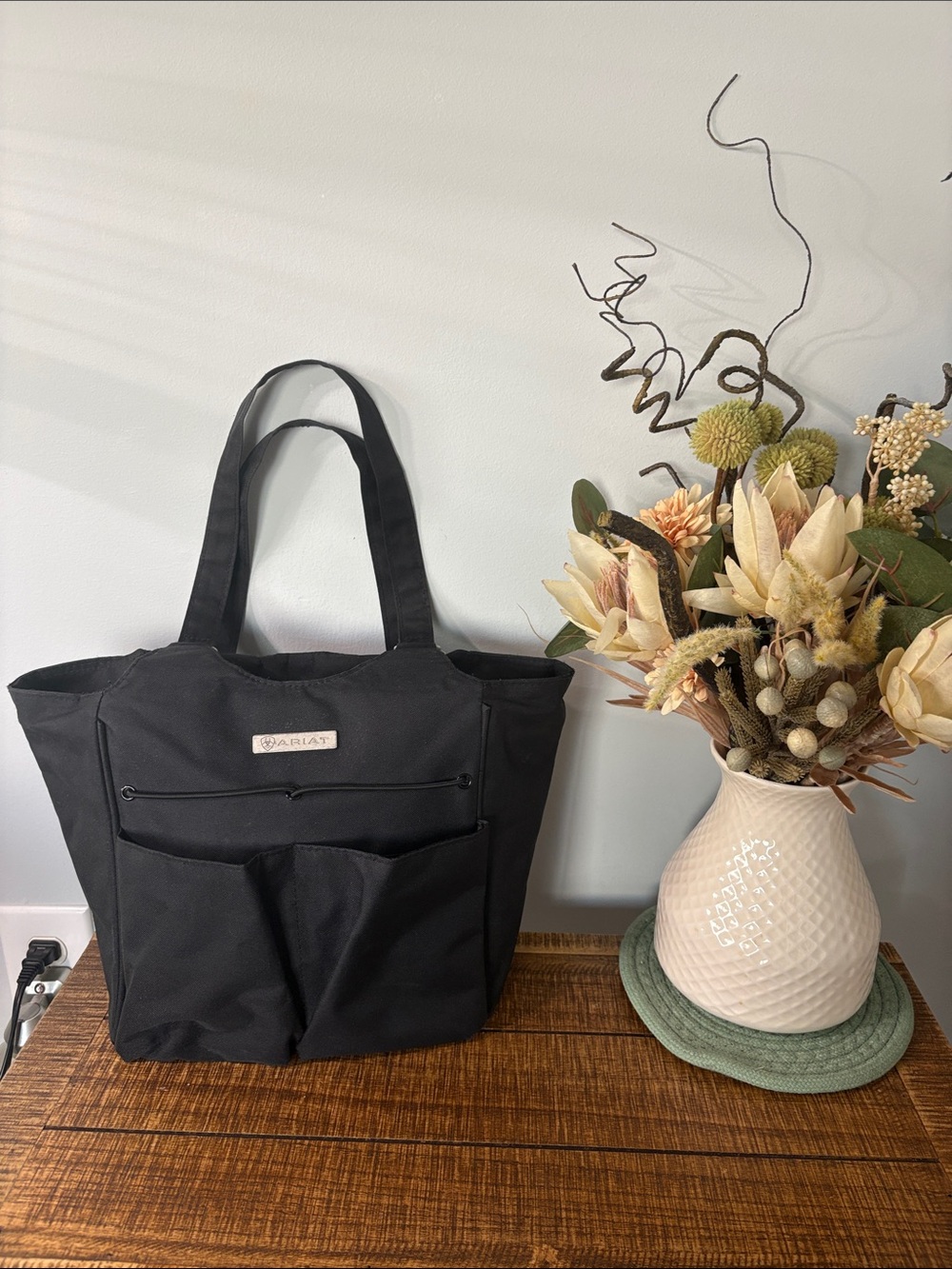 Aria Black Lightweight Tote with Front Pockets